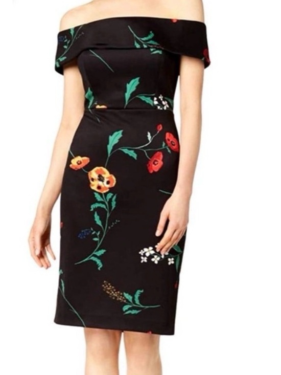 Calvin Klein Dresses & Skirts - Calvin Klein Black Off-The-Shoulder Dress with Red and Yellow Floral Print